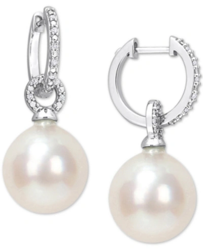 Macy's Cultured South Sea Pearl (12mm) & Diamond (1/10 Ct. T.w.) Huggie Hoop Earrings In 14k White Gold