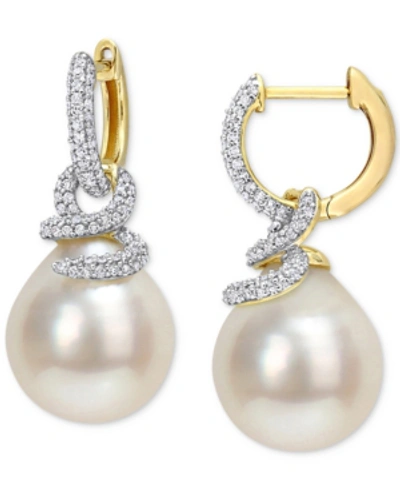 Macy's Cultured South Sea Pearl (10mm) & Diamond (1/2 Ct. T.w.) Swirl Huggie Hoop Earrings In 14k Gold In Yellow Gold