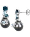 Macy's Cultured Tahitian Pearl (9mm) & Blue Topaz (2 Ct. T.w.), & Diamond Accent Drop Earrings In 14k White In White Gold
