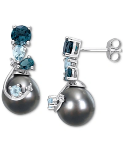 Macy's Cultured Tahitian Pearl (9mm) & Blue Topaz (2 Ct. T.w.), & Diamond Accent Drop Earrings In 14k White In White Gold