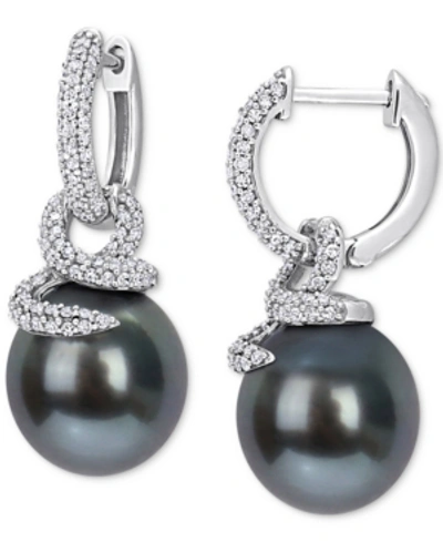Macy's Cultured Tahitian Pearl (10-11mm) & Diamond (1/2 Ct. T.w.) Coiled Huggie Hoop Earrings In 14k White In White Gold