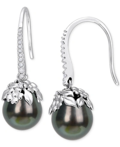 Macy's Cultured Tahitian Pearl (9-10mm) & Diamond (1/8 Ct. T.w.) Drop Earrings In 14k White Gold