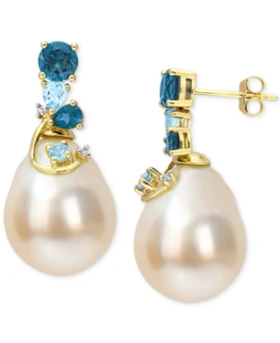 Macy's Cultured South Sea Pearl (9-10mm) & Blue Topaz (2 Ct. T.w.), & Diamond Accent Drop Earrings In 14k G In Yellow Gold