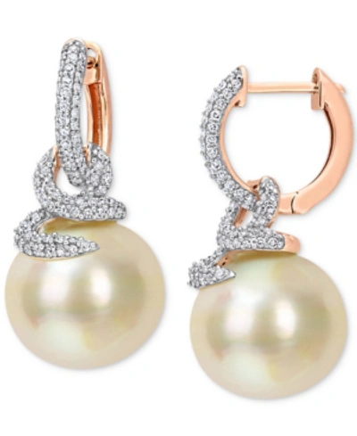 Macy's Cultured South Sea Pearl (10mm) & Diamond (1/2 Ct. T.w.) Swirl Huggie Hoop Earrings In 14k Gold In Rose Gold