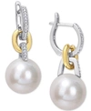 Macy's Cultured Freshwater Pearl (11mm) & Diamond (1/10 Ct. T.w.) Huggie Hoop Earrings In 14k Gold & White In Two-tone