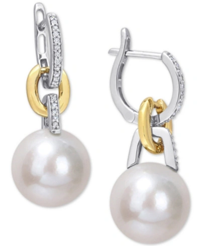 Macy's Cultured Freshwater Pearl (11mm) & Diamond (1/10 Ct. T.w.) Huggie Hoop Earrings In 14k Gold & White In Two-tone