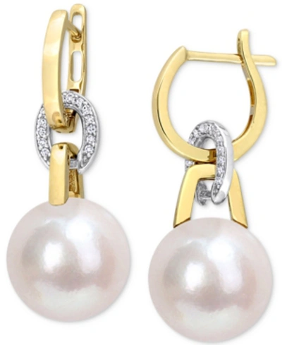 Macy's Cultured South Sea Pearl (11mm) & Diamond (1/10 Ct. T.w.) Linked Huggie Hoop Earrings In 14k Gold & In Two-tone