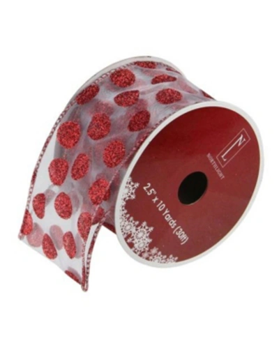 Northlight Silver And Red Glittering Polka Dots Wired Christmas Craft Ribbon 2.5" X 10 Yards In White