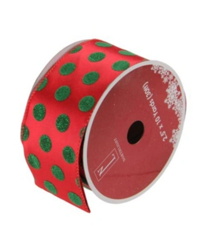 Northlight Red And Shimmering Green Polka Dot Wired Christmas Craft Ribbon 2.5" X 10 Yards