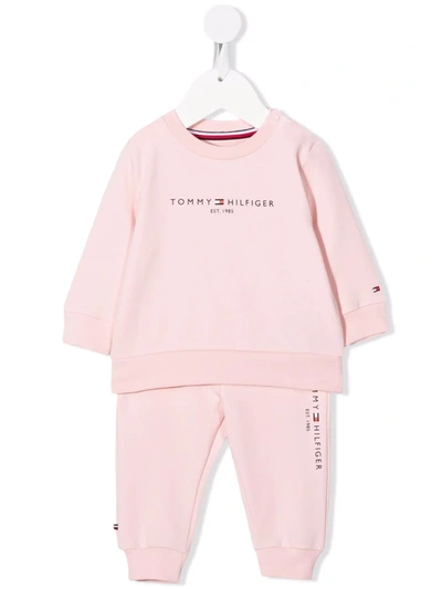 Tommy Hilfiger Junior Babies' Logo-print Crew Neck Tracksuit Set In 粉色