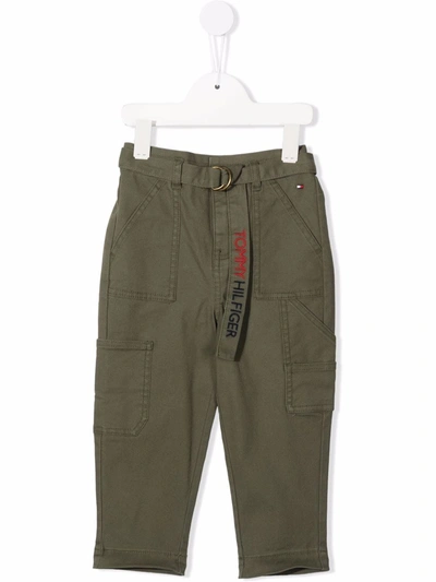 Tommy Hilfiger Junior Kids' Embroidered-logo Belted Trousers In Green