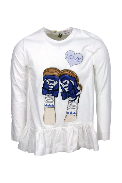 Monnalisa Kids' Long-sleeved Crew Neck T-shirt With Sneackers Print In White