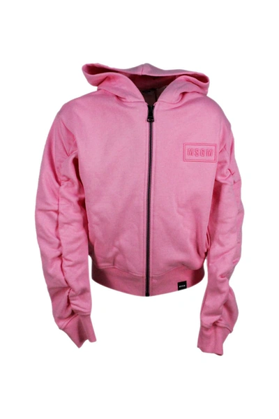Msgm Kids' Cotton Sweatshirt With Hood With Side Pockets, Zip Closure And Writing In Pink