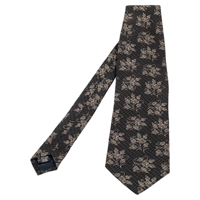 Pre-owned Giorgio Armani Black Floral Print Textured Silk Blend Traditional Tie