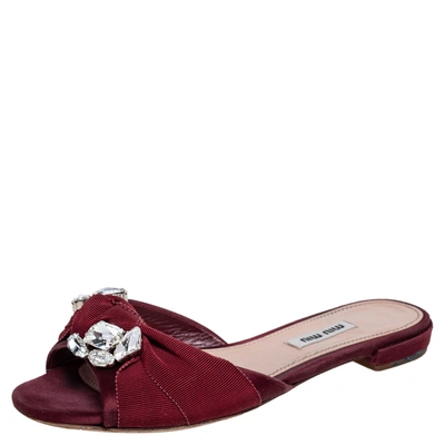 Pre-owned Miu Miu Burgundy Satin And Fabric Knot Slide Flats Size 37.5