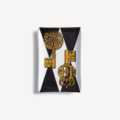Fornasetti Chiavi Gold And Rombi Rectangular Ashtray In White/black/gold