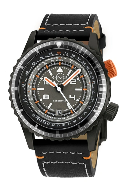 Gv2 Contasecondi Grey/orange Dial Black Calfskin Leather Watch, 43mm