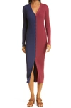 Staud Shoko Buttoned Ribbed-knit Dress In Navy/ Bordeaux