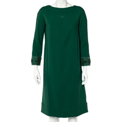 Pre-owned Valentino Green Crepe Embellished Sleeve Cape Detail Shift Dress M