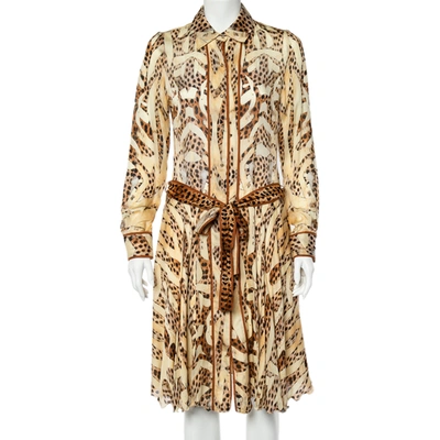 Pre-owned Roberto Cavalli Beige Leopard Print Silk Belted Dress S