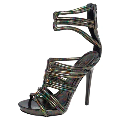 Pre-owned Alexander Mcqueen Multicolor Oil Slick Texture Leather Gladiator Sandals Size 38