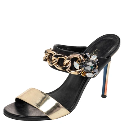 Pre-owned Loriblu Black/gold Leather Embellished Chain Detail Slide Sandals Size 37.5