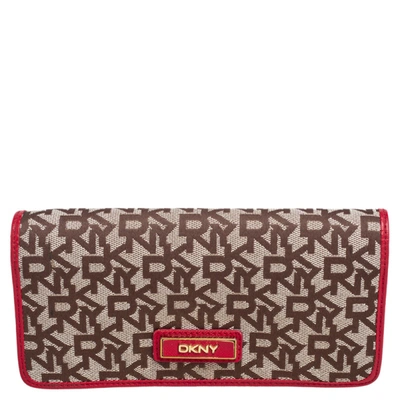 Pre-owned Dkny Beige/red Signature Canvas And Leather Continental Wallet