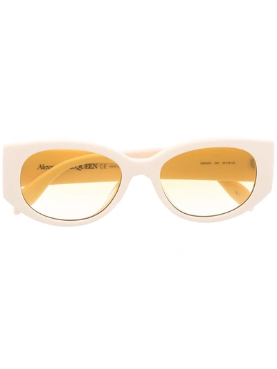 Alexander Mcqueen Graffiti Logo-print Oval-frame Sunglasses In White