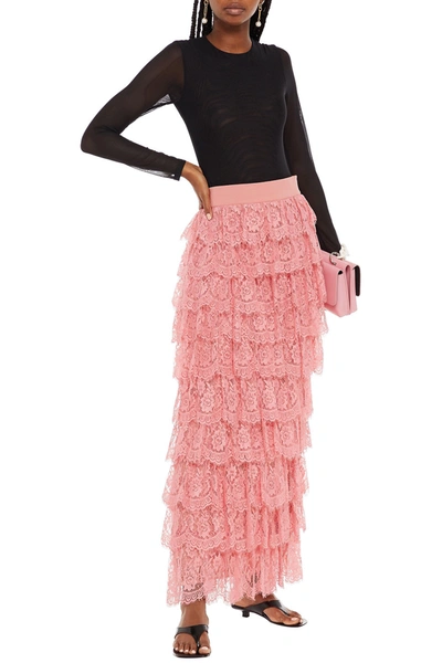 Alice And Olivia Tiered Lace Maxi Skirt In Pink