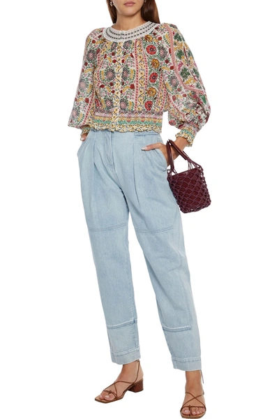 Alice And Olivia Cherelle Cropped Smocked Printed Cotton And Silk-blend Blouse In Multicolor