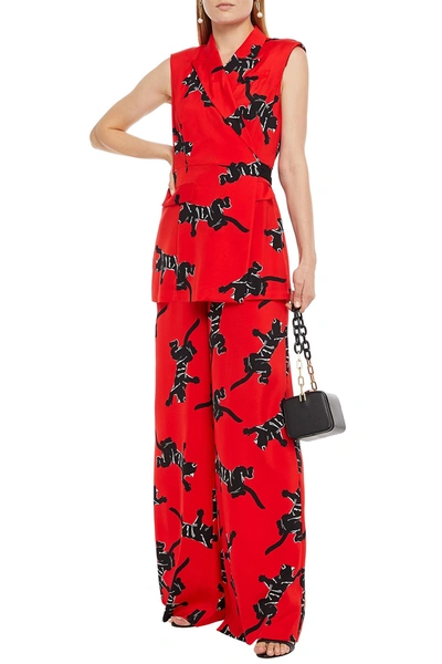 Diane Von Furstenberg Wrap-effect Printed Stretch-satin Jumpsuit In Red