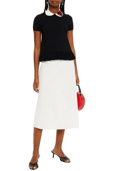 Red Valentino Embellished Ruffled Stretch-knit Top In Black
