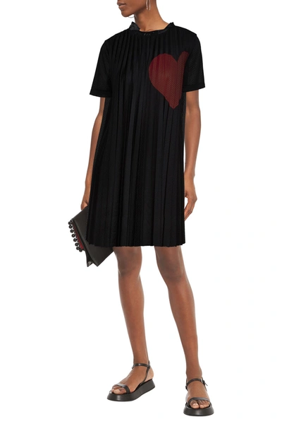 Red Valentino Pleated Printed Mesh Mini Dress In Black