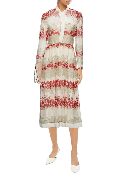 Red Valentino Pussy-bow Gathered Printed Crepe De Chine Midi Dress In Ecru