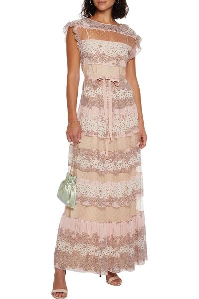Red Valentino Point D'esprit-paneled Floral-print Georgette Maxi Dress In Pastel Pink