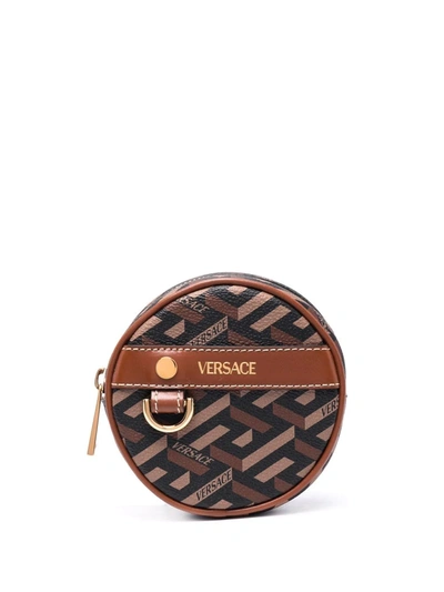 Versace Coated Canvas Monogram Coin Purse In Black Caramel