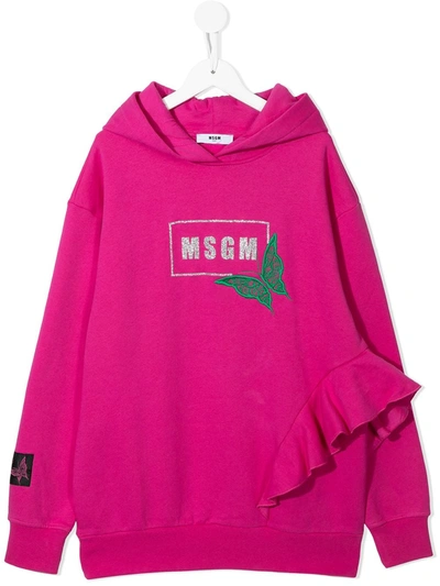 Msgm Teen Logo Ruffled Hoodie In Pink