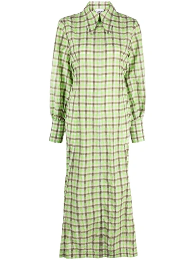 Ganni Checked Organic Cotton-blend Seersucker Midi Dress In Oyster Gray