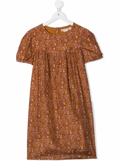 Bonpoint Kids' Tialou Floral Print Silk Dress In Brown