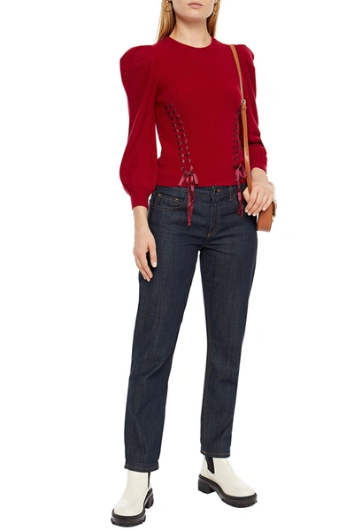 Autumn Cashmere Lace-up Satin-trimmed Cashmere Jumper In Red