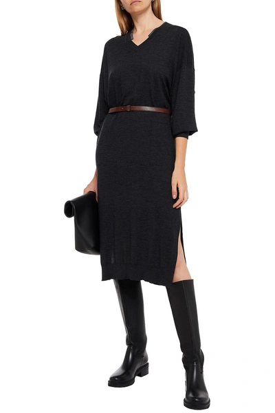 Brunello Cucinelli Belted Bead-embellished Wool And Cashmere-blend Midi Dress In Black