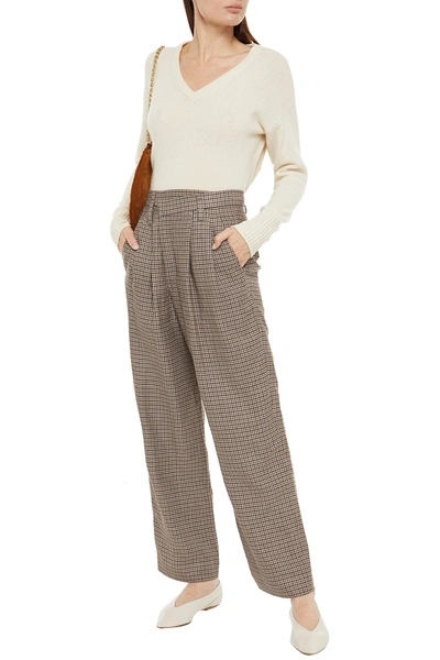 Brunello Cucinelli Houndstooth Linen, Wool And Silk-blend Tweed Wide-leg Pants In Brown