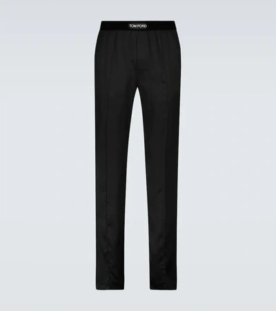 Tom Ford Velvet-trimmed Stretch-silk Pyjama Trousers In Black