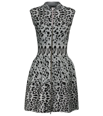 Alaïa Leopard Jacquard Front Zip Sleeveless Fit & Flare Dress In Grey