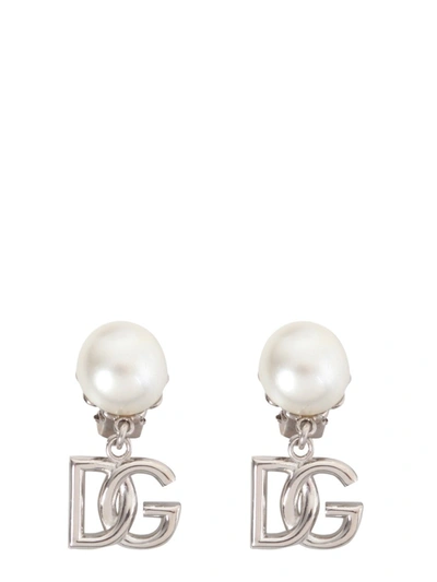 Dolce & Gabbana Dg Logo Mitation Pearl Pendant Earrings In Silver,white