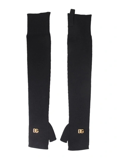 Dolce & Gabbana Iconic Logo Knit Wool Fingerless Gloves In Black