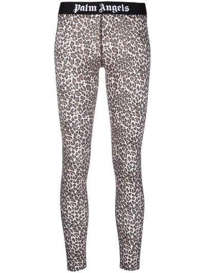 Palm Angels Logo-waistband Leopard-print Leggings In Brown