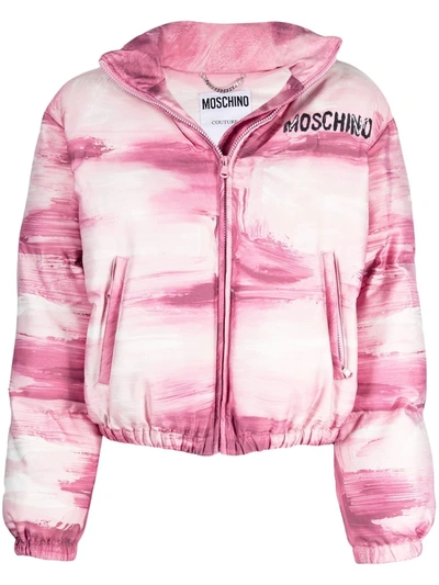 Moschino Painting Print Down Puffer Jacket In Pink