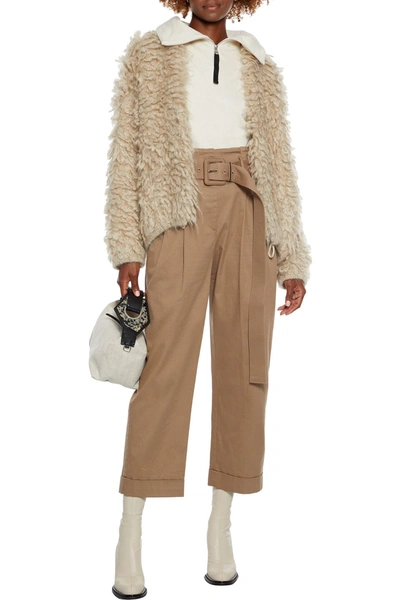 Brunello Cucinelli Cropped Belted Embellished Cotton-blend Twill Straight-leg Trousers In Taupe