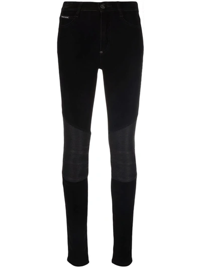 Philipp Plein Leather-inset High-waist Skinny Jeans In Black